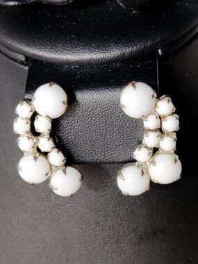 Vintage White Milk Glass Screw Back Climber Earrings
